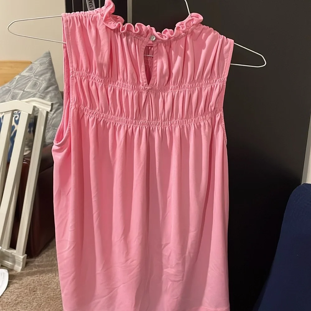 CeCe Small cotton candy pink sleeveless shirt w/ruffle detail at neck - Picture 4 of 5